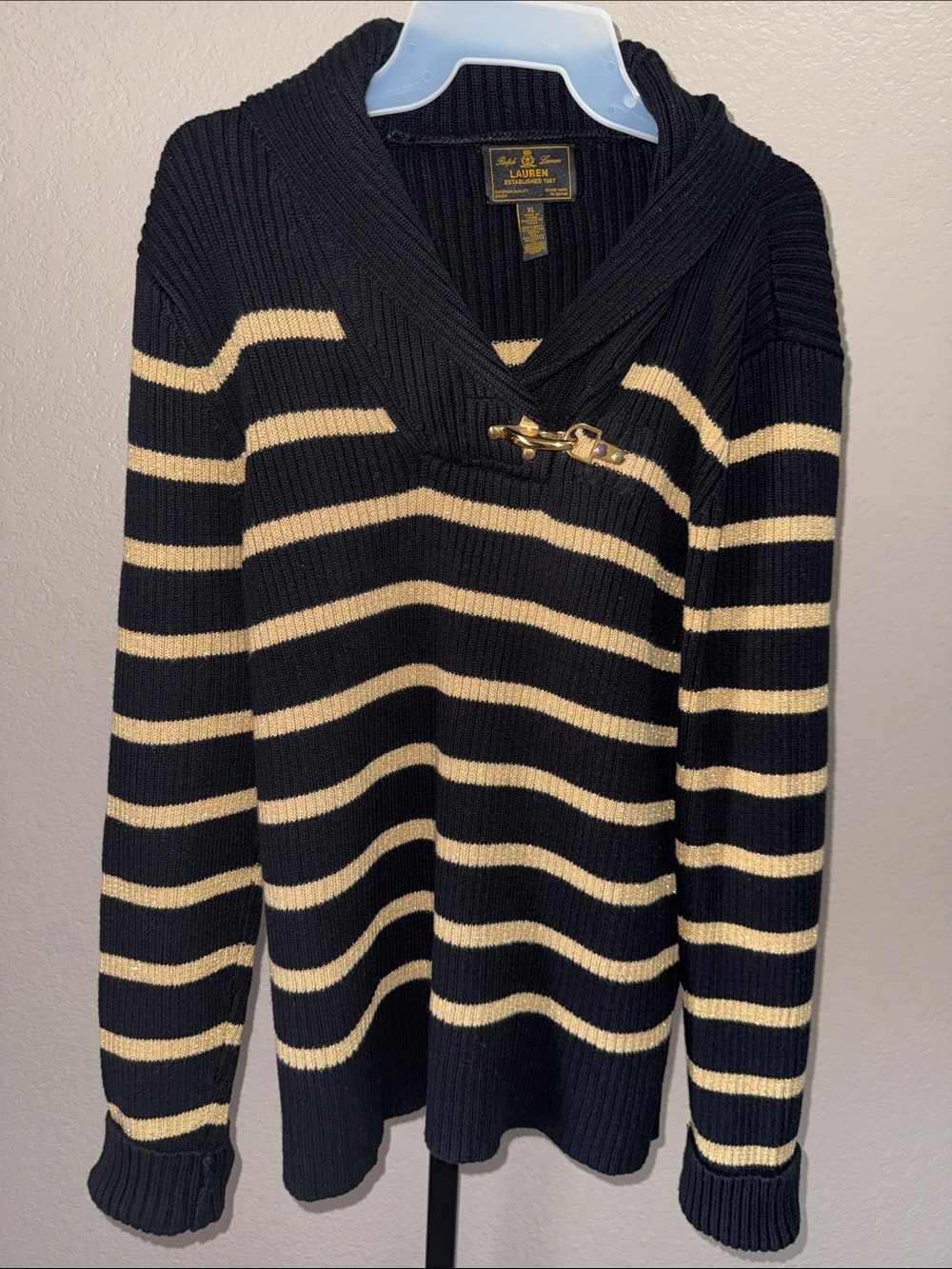 Ralph Lauren Navy and Cream Striped Shawl Collar Toggle Sweater XL